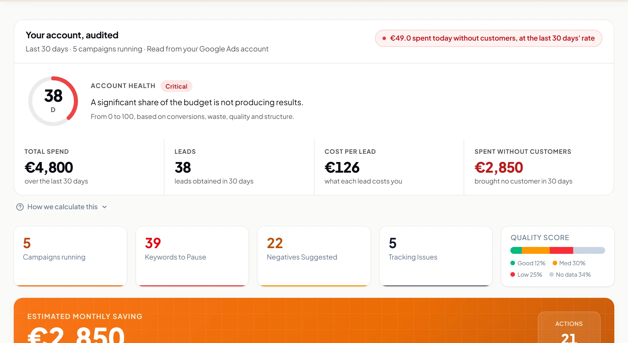 The Live audit panel on an example account