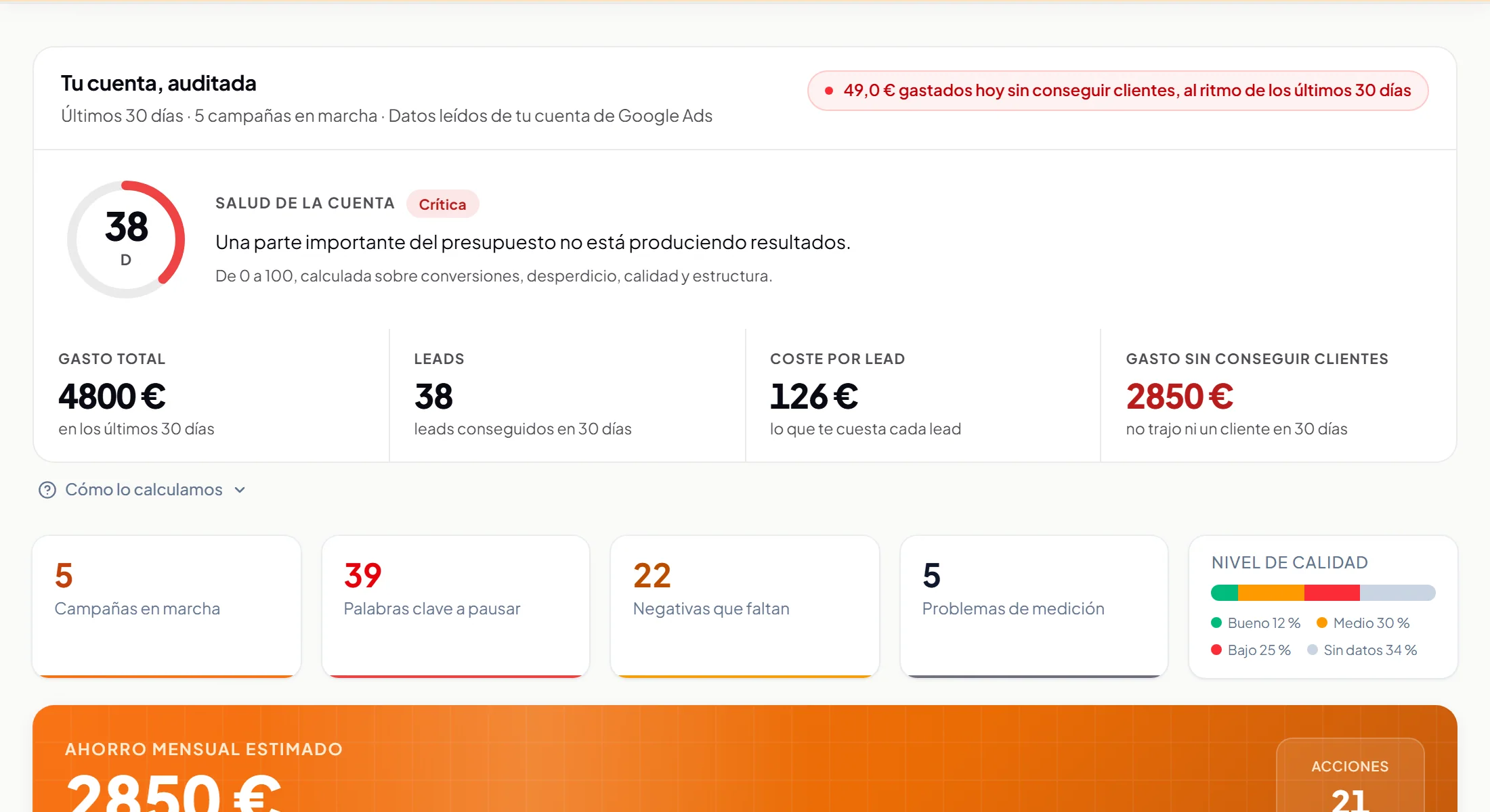 El panel de la Auditoría Live con una cuenta de ejemplo